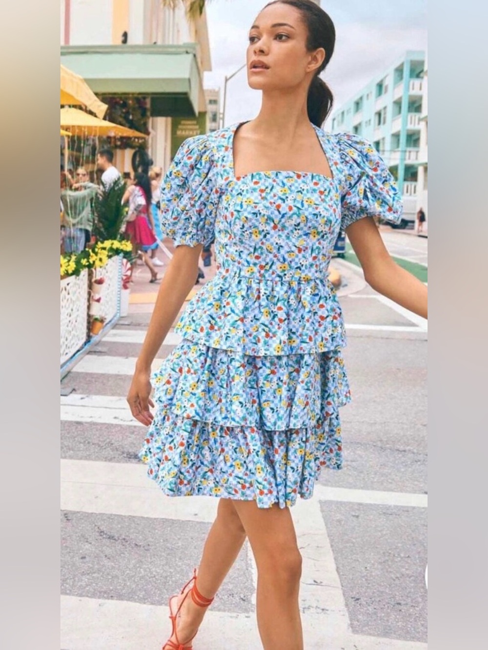 Hunter Bell Floral Tiered Puff-Sleeve Dress in Light Blue Floral Porter Dress